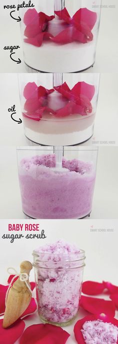 A simple DIY sugar scrub that you can make with the leftover petals from a bouquet of roses Rose Sugar Scrub, Joululahjat Diy, Diy Sugar Scrub, A Bouquet Of Roses, Baby Rose, Sugar Scrub Recipe, Sugar Scrub Diy