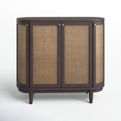 the cabinet is brown and has two doors on one side, and three drawers on the other