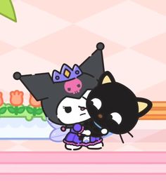 an animal crossing game with a black cat and a white cat kissing each other's forehead