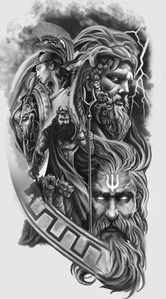 an old school tattoo design with two men holding swords and one man's head