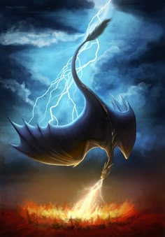 a painting of a dragon with lightning in the background