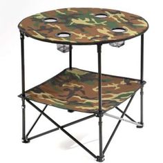 a camo print table with two trays on each side and one shelf below