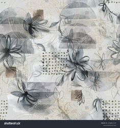 an abstract floral pattern with black and white flowers on a beige checkerboard background