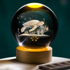 a glass ball with an image of a turtle in it on top of a table