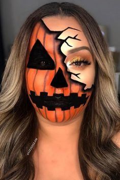 Scary Pumpkin Makeup, Halloween Makeuo, Crazy Halloween Makeup, Pumpkin Makeup, Pumpkin Face Paint, Creative Halloween Makeup, Scarecrow Makeup