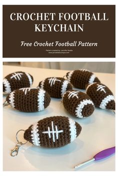 crochet football keychain is shown with four balls in the shape of a football