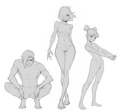 three different poses of a woman and man in the same pose, one is kneeling down