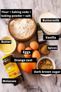 the ingredients to make an orange cake are displayed on a marble countertop with text