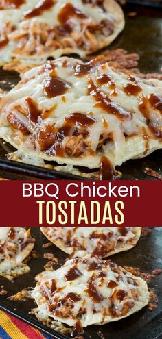 bbq chicken tostadas on a baking sheet with text overlay that reads, bbq chicken tostadas