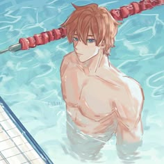 an anime character sitting in the water next to a swimming pool with no shirt on