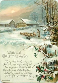 an old fashioned christmas card with sheep in the snow