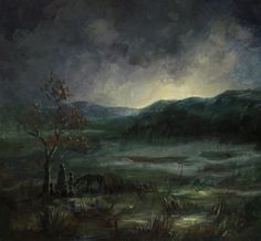 an oil painting of a landscape with horses and people in the distance under a cloudy sky