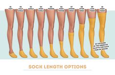 an image of socks length options for different types of legs and feet in various colors