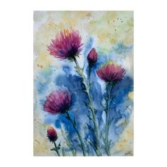 watercolor painting of pink flowers on yellow and blue background