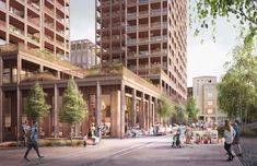 an artist's rendering of people walking and sitting on benches in front of tall buildings