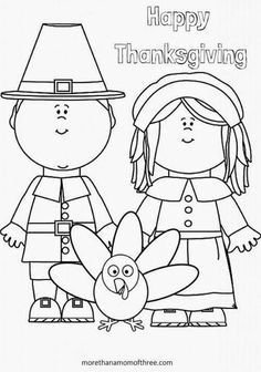 a thanksgiving coloring page with two kids and a turkey