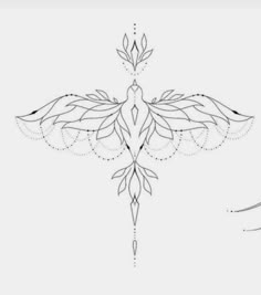 a drawing of a bird with wings and jewels on it's back side, in black and white