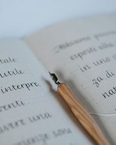 an open book with writing on it and a pen resting on top of the book