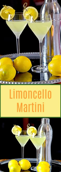 there are lemons and martini glasses on the table