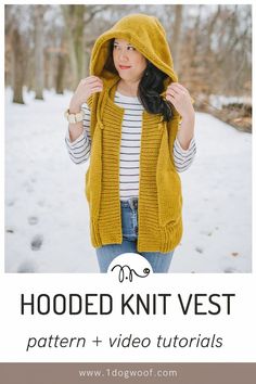 a woman wearing a hooded knit vest with text overlay that reads hooded knit vest pattern and video instructions