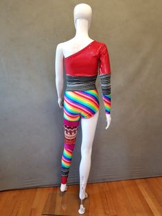 "Inspired by a bodysuit that David Bowie wore back in the 70's comes this limited edition bodysuit to celebrate Pride. Perfect for any David Bowie fan! It is made with 5 different kinds of knit fabrics that are stretch spandex and cotton/poly. The red knit fabric has is a shiny holographic spandex print READY TO SHIP S- 34-35\" Bust, 26-27\" Waist, 35-37\" Hips Sleeve Length from shoulder to hem- 21\" Pant Length from waist to hem- 38\" Girth - 58\" Please feel free to contact me with any questi Fitted Multicolor Bodysuit, Retro Fitted Multicolor Bodysuit, Retro Fitted Bodysuit For Party, Pride Event, Bowie Ziggy Stardust, David Bowie Ziggy, I Did It Again, Bodysuit Costume, Costume For Women