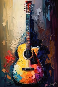 an abstract painting of a guitar with colorful paint strokes on the back and sides, as if it were painted using acrylic paints