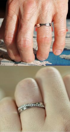 an older woman's hand with a wedding ring on it and another photo of her finger