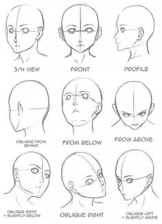 how to draw an anime character's head with different angles and facial features, including the