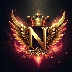 the letter n with gold wings and a crown on top is surrounded by red flames