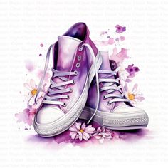 a pair of purple sneakers with white laces and daisies on the bottom, painted in watercolor