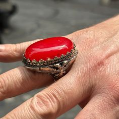 Silver Large Stone Ring , Man Red Jade Stone Ring , Ottoman Style Embroidered Ring ,  Turkish Handmade Sterling Silver Ring , Gift For Him ★Item Details * Gender : Male / Female * Material : 925K Sterling Silver * Total weight :  52 Grams * Gemstone : Jade  Stone * Stone Size  : 30x40mm ✔ Ready to Ship in 1-2 Business Days .. ✔ Shipped to the Worldwide 1-5 business days with free shipping... ✔ The product will be sent to you with a handmade wooden box to avoid any damage during shipping... ✔ Vis Antique Red Ring Gift, Antique Red Rings For Gifts, Antique Red Rings For Gift, Traditional Red Rings For Anniversary, Traditional Red Ruby Ring With Stone Setting, Traditional Oval Ruby Ring As Gift, Red Carved Vintage Jewelry, Carved Red Vintage Jewelry, Unique Red Ceremonial Jewelry