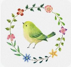 a watercolor painting of a green bird surrounded by flowers