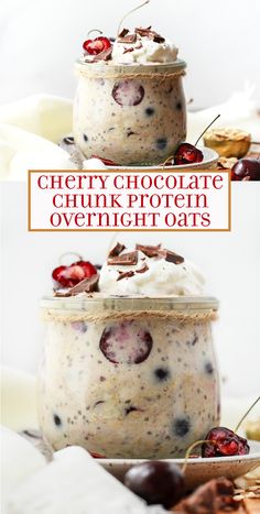 two jars filled with chocolate chunk protein overnight oatmeal and cherries on top