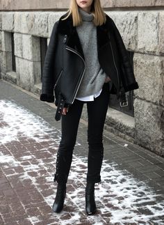 Black Zara Coat Outfit, Zara Shearling Jacket Outfit, Black Shearling Coat Outfit, Black Leather Sherpa Jacket Outfit, Shearling Leather Jacket Outfit, Black Shearling Jacket Outfit, Fur Leather Jacket Outfit, Black Leather Jacket Outfit Winter, Black Jacket With Fur