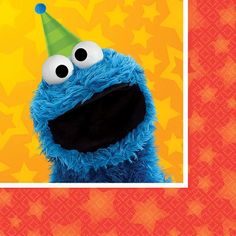 a party hat on top of a cookie monster face with big eyes and stars in the background