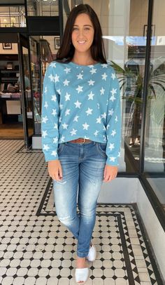 undefined Cuffed Top, Star Print, Dusty Blue, French Terry, Drop Shoulder, Round Neck