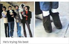 two pictures of people with shoes on and one has a dog in his arms while the other is holding a stuffed animal