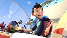 a cartoon character is sitting in the cockpit of a plane with his hands on the steering wheel