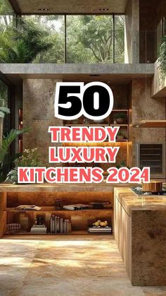 the cover of 50 trendy luxury kitchens for 2014, with an image of a living room and kitchen