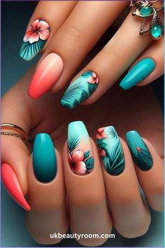 Summer Nail Art Designs 2024, Tropical Nails Design, Luau Nails, Spirit Nails, Hawaiian Nails, Nail Inspired, Vacation Nails Beach, Sunflower Nail Art, Chrome Designs