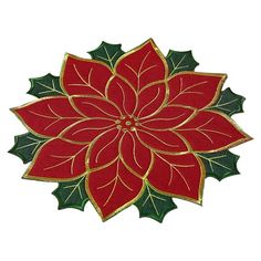 a red and green poinsettia with gold trimmings on white background