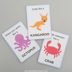 three cards with pictures of animals and words on them that say jump like a kangaroo, octopus, crab