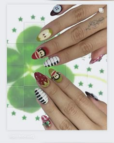 Emergency Intercom Nails, Smiling Friends Nails, Silly Nail Designs, Beabadoobee Nails, Paul Frank Nails, Daria Nails, Fnaf Nails, Japanese Inspired Nails, Peace Sign Nails