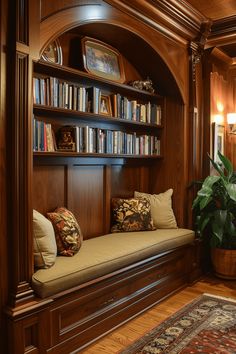 a large wooden book shelf filled with lots of books next to a potted plant