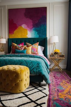 a bedroom with a large colorful painting on the wall above the headboard and foot board