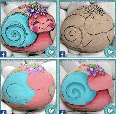 four pictures showing how to make a rock with fondant and colored icing on it