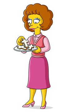 the simpsons character is holding a plate with food on it, and she looks like she's ready to eat