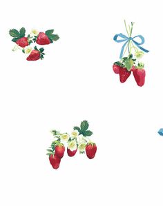 strawberries and daisies tied together with blue ribbon on a white wallpaper background