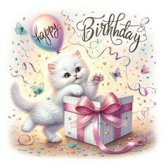 a birthday card with a white kitten holding a gift box and balloons in the background