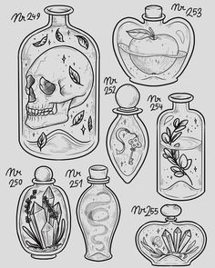 an image of some bottles with skulls in them and other things inside the jars on top